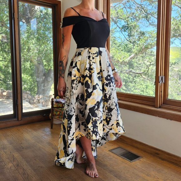 MARINA Yellow & Black Printed Mikado High Low Gown sz 6. - Picture 2 of 8